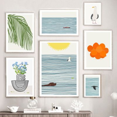 บทคัดย่อ Sea Bird Seagull Palm Leaf เรือใบ Wall Art ภาพวาดผ้าใบสำหรับตกแต่งห้องนั่งเล่น
