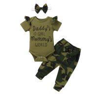 3 Pieces Kids Suit Set, Letter Print O-Neck Short Sleeve Romper+ Camouflage Print Pants+ Headband for Girls, 3-12 Months  by Hs2023