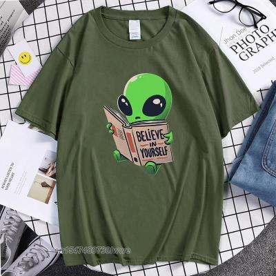 Believe In Yourself Alien Is Reading Print Tshirt Man Soft T Shirt Travering Slim Clothing Simple Crew Neck T-Shirts Mens