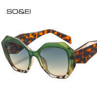 【CW】SO &amp; EI แฟชั่น Oversized Polygon Cat Eye แว่นตากันแดดผู้หญิง R สีสัน Leopard Shades UV400ผู้ชาย Gradient Sun Glasses