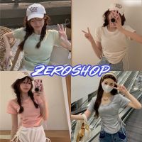 Zero shop?พร้อมส่ง? (Zero-6A302)  เสื้อไหมพรมแขนสั้น คอกลม ดีเทล ลายรูดปรับสั้นยาวได้2ข้าง