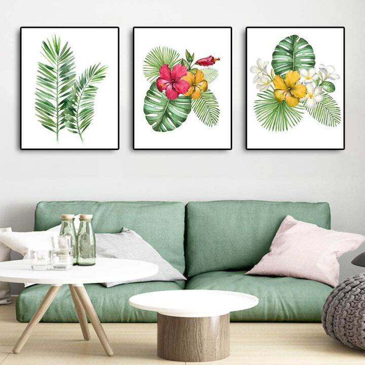 3 Piece Framed Canvas Wall Art Print Green Plants Cycas Leaves Tropical