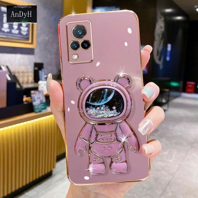 AnDyH Phone Case Vivo Y52s 5G/iQOO U3x 5G/Y31s 5G 6DStraight Edge Plating+Quicksand Astronauts who take you to explore space Bracket Soft Luxury High Quality New Protection Design