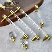 IHOMCASA Modern Crystal Acrylic Kitchen Furniture Handles Wardrobe Drawer Shoe Cabinet Pulls Golden Brass Cupboard Door Knobs