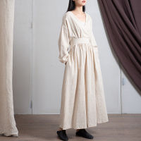 【CW】Johnature 2021 Spring Cotton Linen New V-neck Loose Solid Color Long Vintage Dress New 3 Colors Chin Style Women Dressess