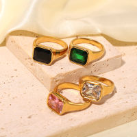 Trendy Accessories Jewelry Gift 18k Gold Plated Square Zircon Ring Stainless Steel Square Pink Green CZ Zircon Ring For Women