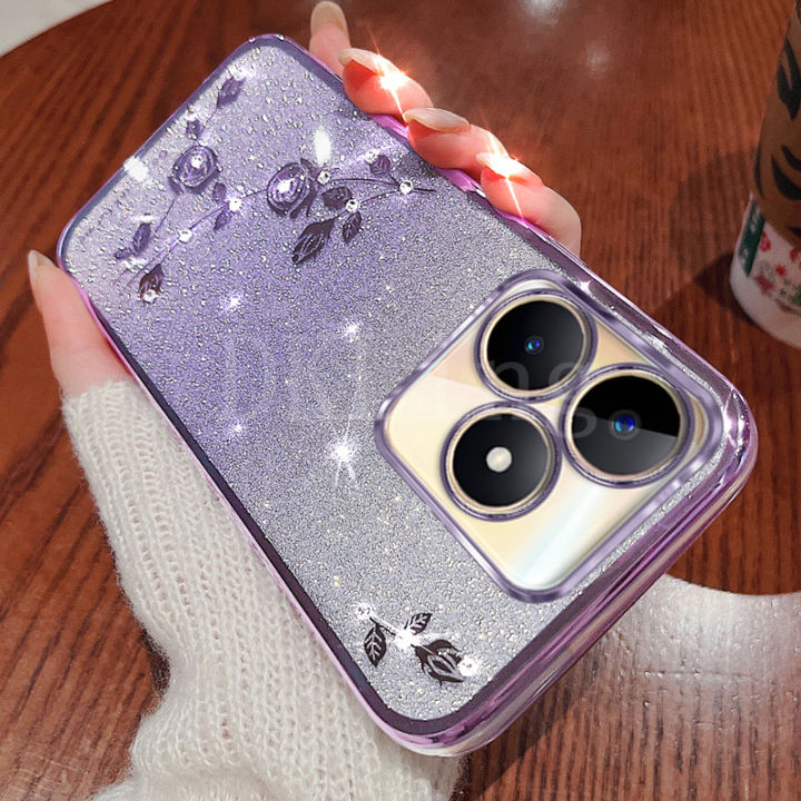 เคสเคลือบอิเล็คโทรเพลทใหม่สำหรับ-realmec51-2023แฟชั่นดอกไม้แวววาวไล่ระดับสีกุหลาบนิรันดร์กับกรณีสายคาดที่คล้อง-realme-c51-c53-c55-c33-nfc-c30-c30s-c35-c25y-c21y-c25ฝาครอบ-c25s-realme-nfc