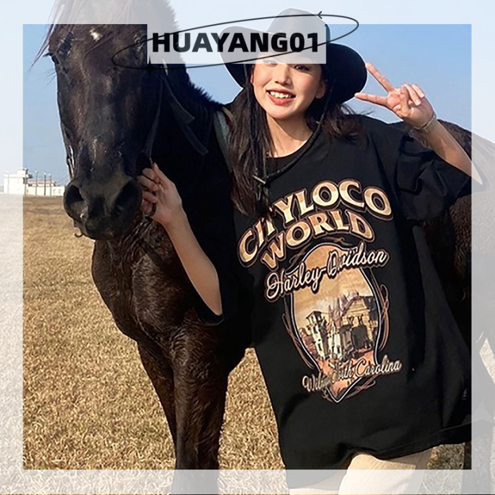 huayang01เสื้อยืดเสื้อผู้หญิงคอกลมแขนสั้นพิมพ์ลายย้อนยุค-เสื้อยืดแบบหลวมลำลอง2023แฟชั่นหน้าร้อน