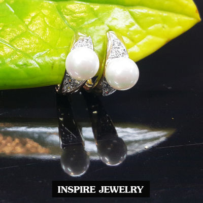 INSPIRE JEWELRY  ต่างหูมุกประดับเพชร งานจิวเวลลี่ หุ้มทองแท้ 100% or  gold plated