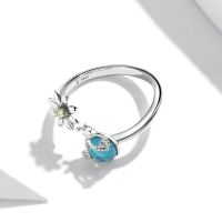 Silver Charm Blue Glass Firefly and Flower Ring Women Cocktail Ring