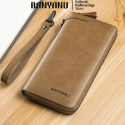 TOP☆BANYANU Business Cow Genuine Leather Wallet Men Zipper Smart Phone Long Wallet Clutch Bag for Men