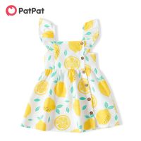 PatPat Toddler Girl Button Design Lemon Print/Plaid Flutter-sleeve Dress  by Hs2023