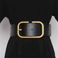 ♗  Leather Wide Gold Buckle Pin Luxury Brand Ladies Female Waistband Width 6.8cm