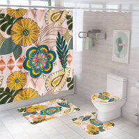 Tropical Luxury Retro Shower Curtain Sets With Rugs Include Non-Slip Rugs Toilet Lid Cover and Bath Mat With Hooks