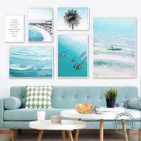 Sea Fish ปลาดาวต้นมะพร้าวงานศิลปะ,Nordic Baby Blue Sea Wave Scenery, Wall Art รูปภาพสำหรับตกแต่งภายใน,เหมาะสำหรับห้องนั่งเล่น,ห้องนอน,สำนักงาน1007