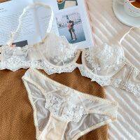 Clarissali Embroidered with suit large size womens gather bralette underwire girls ultra-thin lingerie panty set