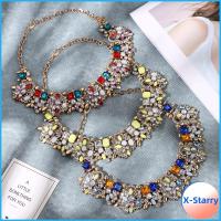 X-STARRY หรูหราสุดหรู สร้อยคอคริสตัลขนาดใหญ่ Boho ชาติพันธุ์ชาติพันธุ์ พูดเกินจริง สร้อยคอดอกไม้พลอยเทียม สร้อยคองานปาร์ตี้ กางเกงขาสั้นแบบสั้น สร้อยคอเพชรเต็ม สำหรับผู้หญิง