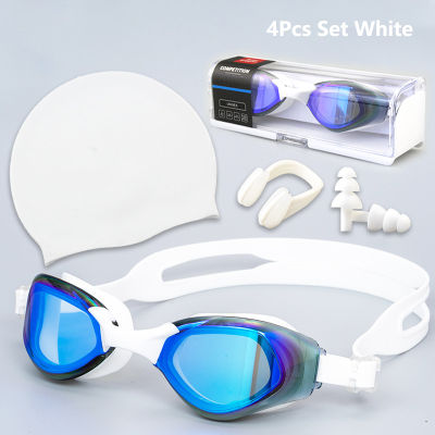 S HD ป้องกันหมอกแว่นตาว่ายน้ำกีฬาทางน้ำผู้หญิงผู้ชายดำน้ำว่ายน้ำแว่นตาที่มีคลิปจมูก Earplug หมวกว่ายน้ำ