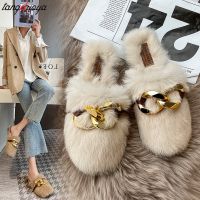 Hot sell Winter Fur Metal Chain Mules Women Shoes Loafers Round Toe Casual Shoes Women Furry Slides Fluffy Hairy Flip Flops