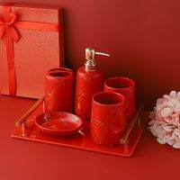 Red ceramic bathroom toiletries set bathroom decoration accessories toothbrush holder soap box soap dispenser tray wedding giftTH