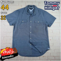 Tommy Hilfiger®แท้ อก 44 เสื้อเชิ้ตผู้ชาย ทอมมี่ ฮิลฟิกเกอร์ สีเทา แขนสั้น เนื้อผ้าดี