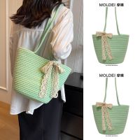 Summer large-capacity commuting seaside beach bag tote bag womens 2023 new casual one-shoulder woven bucket bag 【QYUE】