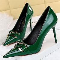 Women Fetish 9.5cm High Heels Nude Pumps Wedding Bridal Stiletto Sexy Green Heels Lady Scarpins Office Prom Glossy Leather Shoes