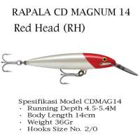 เหยื่อปลอม RAPALA MAGNUM CDMAG CD-14 Size : 14 cm  รุ่นยอดนิยม ขาวหัวแดง สีส้ม สีUV จากตำนาน ถึงปัจจุบัน SWIMMING DEPTH: 15-18  PROF.NAGE: 4,5-5,4 m  14 CM 5-1/2"  36 g 1-1/4 oz.