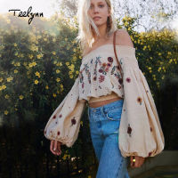 TEELYNN สั้น Boho เสื้อเย็บปักถักร้อยดอกไม้เซ็กซี่ปิดไหล่ฤดูร้อน Crop Top แขนยาว Chic ผู้หญิงเสื้อ Hippie Blusas...