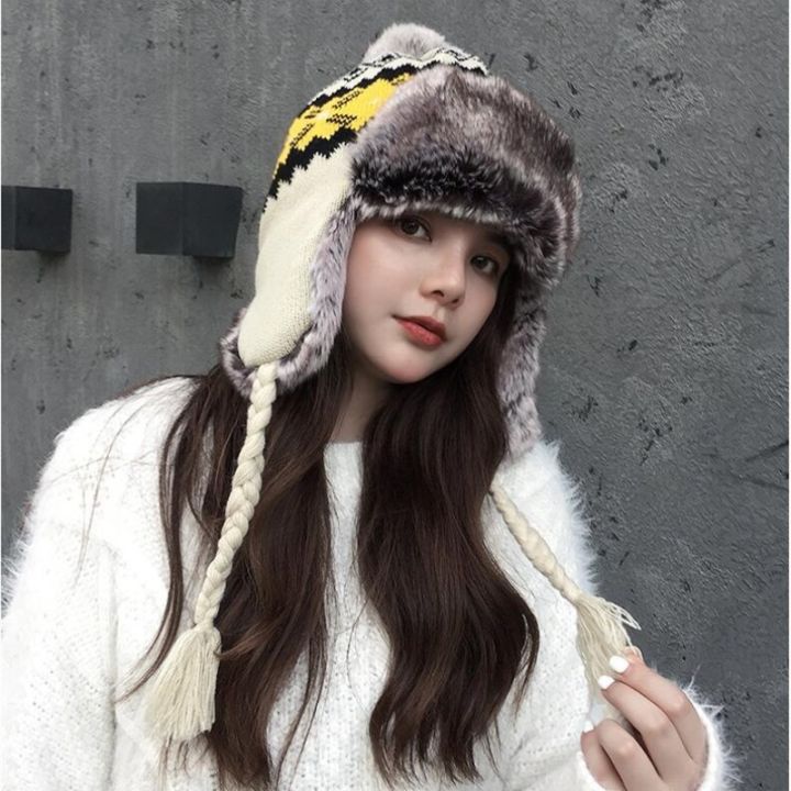 cold-winter-bomber-hat-for-women-winter-warm-fur-ski-faux-fur-knit-patchwork-beanie-with-earflap-for-christmas-outdoor