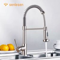 Senlesen Brushed Nickel Spring Kitchen Sink Faucet Double Modes Copper Rotatable Deck Mounted Hot and Cold Water Mixer Tap Crane