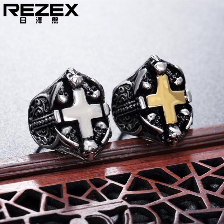 rezex-เครื่องประดับกะโหลกคู่แฟชั่นสำหรับผู้ชายแหวนเรโทรเหล็กไทเทเนียม
