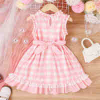 2-7years Kids Girls Dress Sleeveless Frills Plaid Lace Patchwork A-Line Dress For Girls Summer Casual Sweet Dress With Belt  by Hs2023