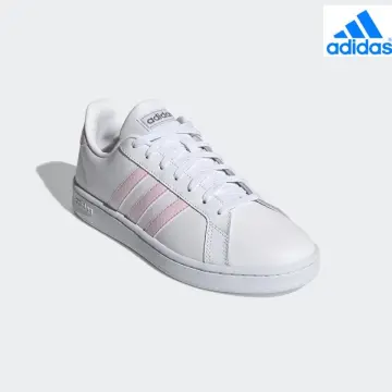 White adidas shoes hot sale with pink stripes