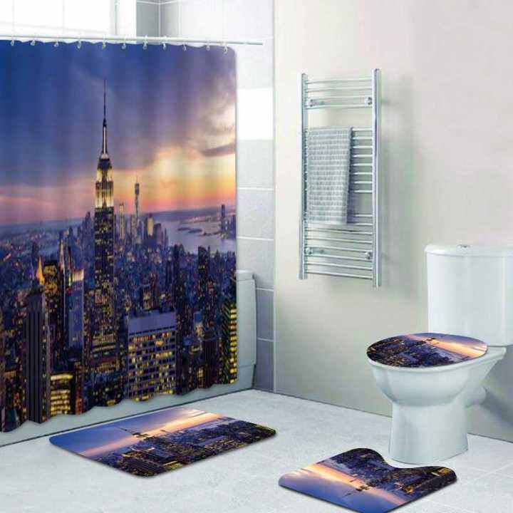 black-white-city-nights-lights-bathroom-shower-curtains-set-waterproof-shower-curtains-toilet-cover-mat-non-slip-bath-rug