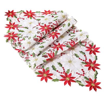 Popular Satin Embroidery Christmas Poinsettia Flowers Bed Table Runner Flag Cover New Year Home Decor