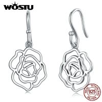 WOSTU 925 Sterling Silver Rose Flower Charm Drop Dangle Earrings For Women Hollow Butterfly Clips Ear Cuff Wedding Jewelry Gift