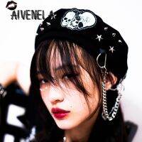 Harajuku Gothic Berets Skull Rivet Chain Hat Punk Cool Rock Girls Female Streetwear Boina Feminina Береты Hats AFC1167