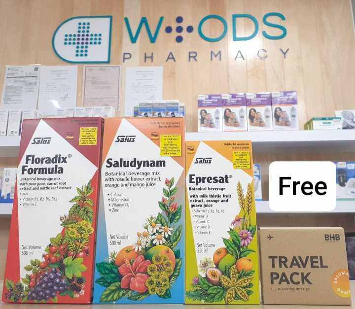 WOODS PHARMACY SALUS FREE TRAVEL PACK FLORADIX 500ML + SALUDYNAM 500ML