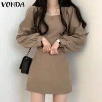 VONDA Elegant Women Long Sleeve Solid Color High Waist A-line Mini Dress (Korean Causal)