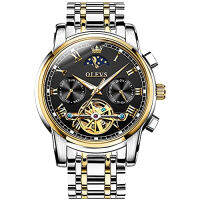 OLEVS Mens Watch Automatic Mechanical Tourbillon Self Winding Luxury Stainless Steel Waterproof Luminous Date Wrist Watch White strap &amp; Black face