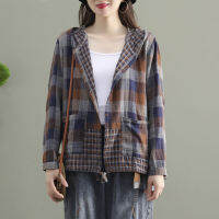 CXSC Store Hooded Plaid เสื้อผู้หญิงฤดูใบไม้ผลิและฤดูร้อนใหม่ Retro เส้นด้ายฝ้ายหลวมสบายๆครีมกันแดดบาง Coat Splicing เสื้อแขนยาว