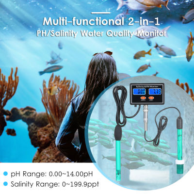 2-in-1 PH/Salinity Water Quality Monitor Multi-functional pH & Salinity Monitor Meter Sea Water Salinity Monitor PH Water Quality Tester Dual LCD Display with Green Backlight