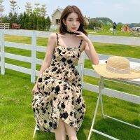 With summer show thin tall waist bud silk floral sleeveless condole belt dress