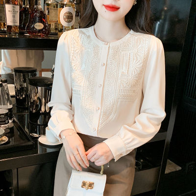 High-End Lace Long-Sleeved Shirt Womens 2023 Spring New Foreign-Style High-End Niche Design Temperament Top