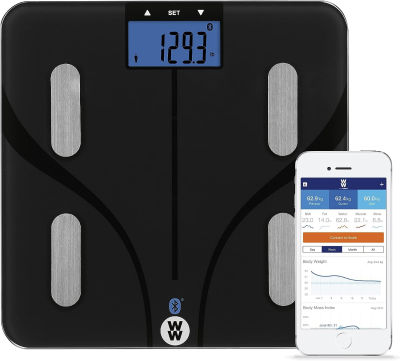 Weight Watchers Scales by Conair Bathroom Scale for Body Weight, Glass Digital Scale, Body Analysis Measures Body Fat, Body Water, BMI, Bone Mass & Muscle for 9 Users, Measures up to 400 Lbs in Black