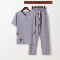 、’】【= Linen Zen Tea Tee Tops Pants Kung Fu Uniform Oriental Fashion Casual Loose T-Shirt Chinese Retro Style Tang Suit Men Trousers