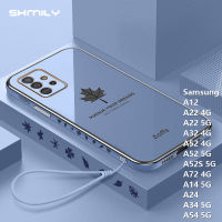 Shmily ใบเมเปิลชุบไฟฟ้าแฟชั่นยอดนิยมเคสโทรศัพท์สำหรับ Samsung กาแลคซี A12 A22 4กรัม A22 5กรัม A32 4กรัม A52 4กรัม A52 5กรัม A52S 5กรัม A72 4กรัม A14 5กรัม A34 A24 5กรัม A54 5กรัมเคสกันกระแทก TPU นิ่มชุบโครเมียมสี่เหลี่ยมพร้อมเชือกห้อย