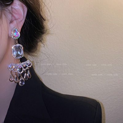 925 เข็มเงินรูปหยดน้ำคริสตัลต่างหูเพชรแบบยุโรปและอเมริกาโอ้อวดต่างหูยาว925 silver needle drop-shaped crystal full diamond earrings European and American exaggerated temperament long earrings
