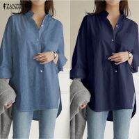 ZANZEN Women Loose Casual Long Sleeve Split Hem Plus Size Blouse Cover buttocks Top Women shirt kemeja putih perempuan